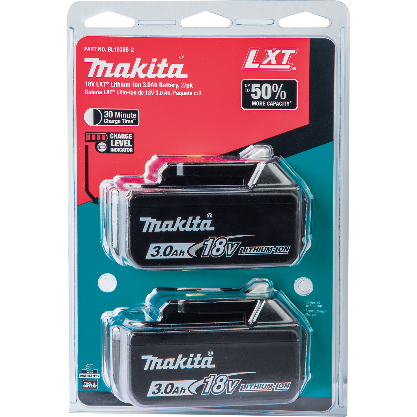 Makita BL1830B-2 18V LXT® Lithium‘Ion 3.0Ah Battery, 2/pk