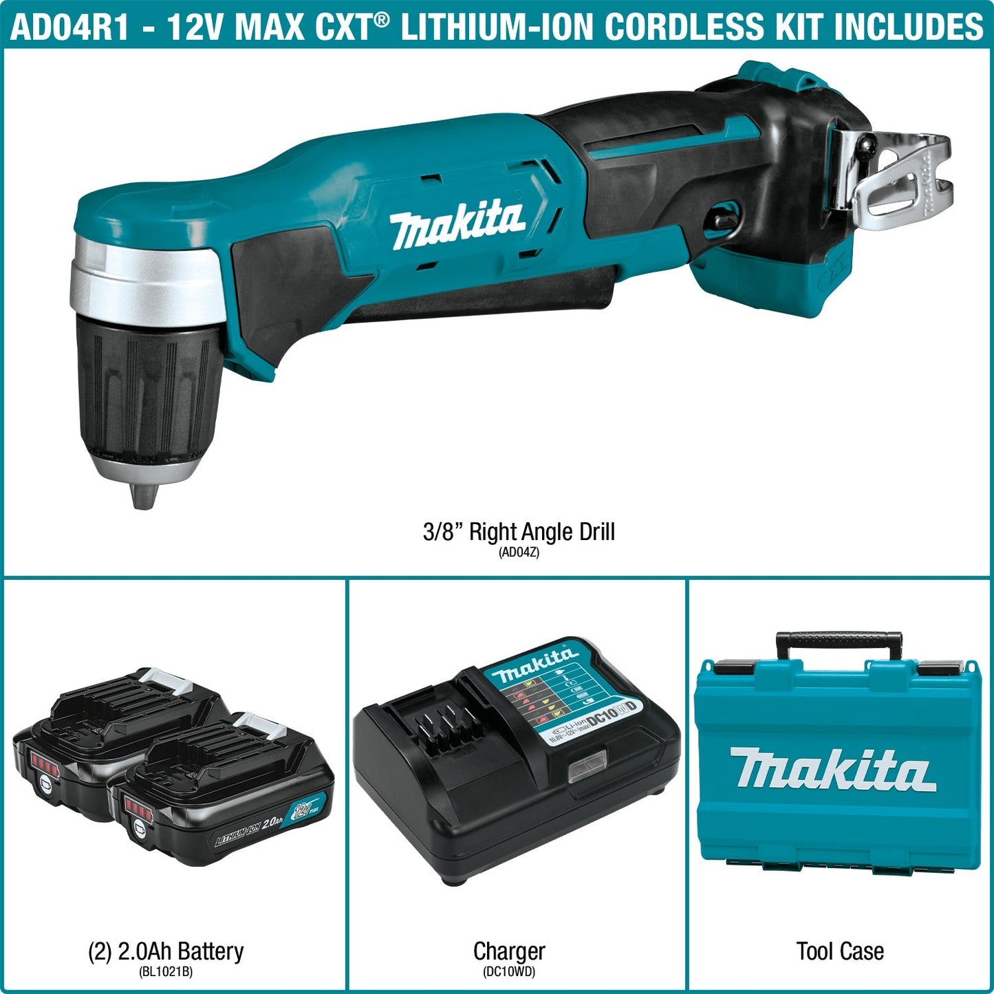 Makita AD04R1 12V max CXT® Lithium‘Ion Cordless 3/8" Right Angle Drill Kit (2.0Ah)