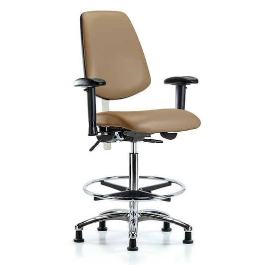 Blue Ridge Ergonomics NCR-VHBCH-MB-CR-T0-A1-CF-RG-8584 Class 100 Vinyl Clean Room Chair - High Bench Height with Medium Back, Adjustable Arms, Chrome Foot Ring, & Stationary Glides in Taupe Trailblazer™ Vinyl