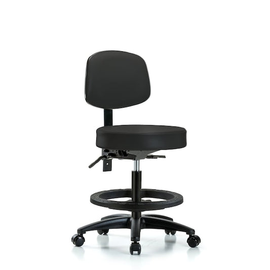Blue Ridge Ergonomics VMBST-RG-T1-BF-RC-8540 Rutledge Vinyl Stool with Back - Medium Bench Height with Seat Tilt, Black Foot Ring, & Casters in Black Trailblazer™ Vinyl