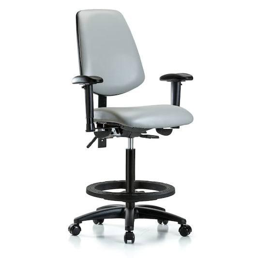 Blue Ridge Ergonomics VHBCH-MB-RG-T1-A1-BF-RC-8567 Rutledge Vinyl Chair - High Bench Height with Medium Back, Seat Tilt, Adjustable Arms, Black Foot Ring, & Casters in Dove Trailblazer™ Vinyl