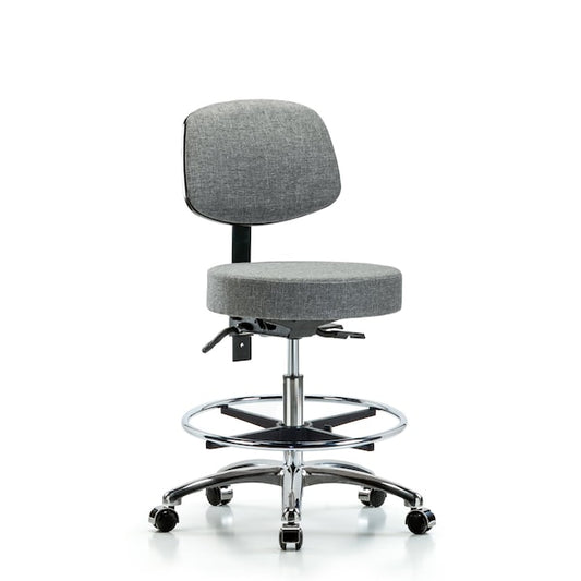 Blue Ridge Ergonomics FMBST-CR-T1-CF-CC-F44 Rutledge Fabric Stool with Back Chrome - Medium Bench Height with Seat Tilt, Chrome Foot Ring, & Casters in Gray Fabric