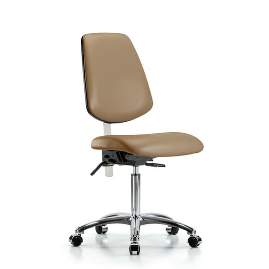 Blue Ridge Ergonomics VMBCH-MB-CR-T1-A0-NF-CC-8584 Rutledge Vinyl Chair Chrome - Medium Bench Height with Medium Back, Seat Tilt, & Casters in Taupe Trailblazer™ Vinyl