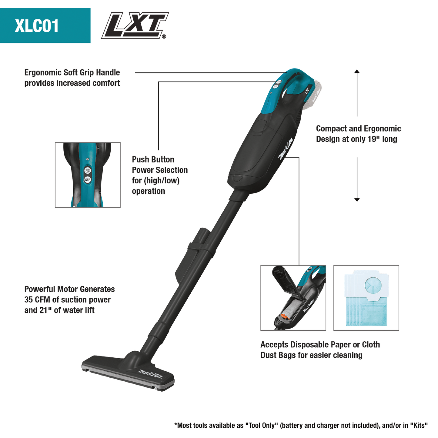 Makita XLC01ZB 18V LXT® Lithium‘ion Cordless Vacuum, Tool Only