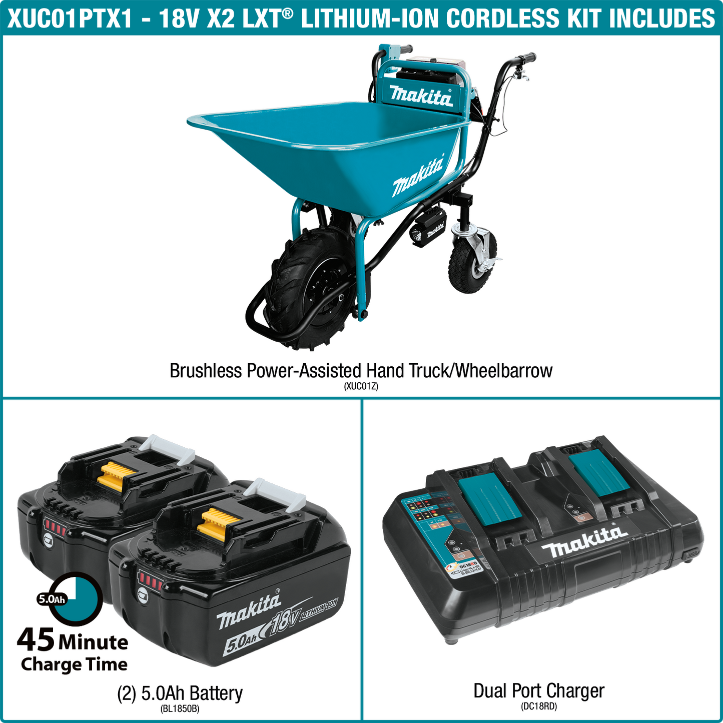 Makita XUC01PTX1 18V X2 LXT® Brushless Cordless Power‘Assisted Wheelbarrow Kit (5.0Ah)