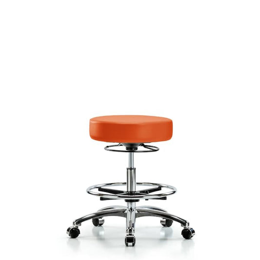 Blue Ridge Ergonomics VMBSO-CR-CF-CC-8613 Rutledge Vinyl Stool without Back Chrome - Medium Bench Height with Chrome Foot Ring & Casters in Orange Kist Trailblazer™ Vinyl