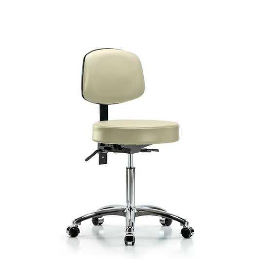 Blue Ridge Ergonomics VMBST-CR-T1-NF-CC-8501 Rutledge Vinyl Stool with Back Chrome - Medium Bench Height with Seat Tilt & Casters in Adobe White Trailblazer™ Vinyl