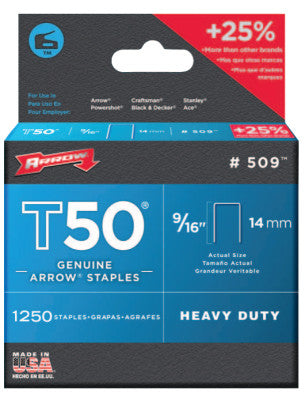 Arrow Fastener 509 50016 T50 9/16" Staples1250/Pk .050 Wire (1 PK)