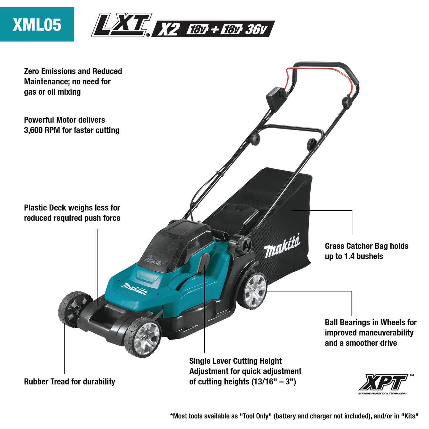 Makita XML05PT 36V (18V X2) LXT® 17" Residential Lawn Mower Kit (5.0Ah)