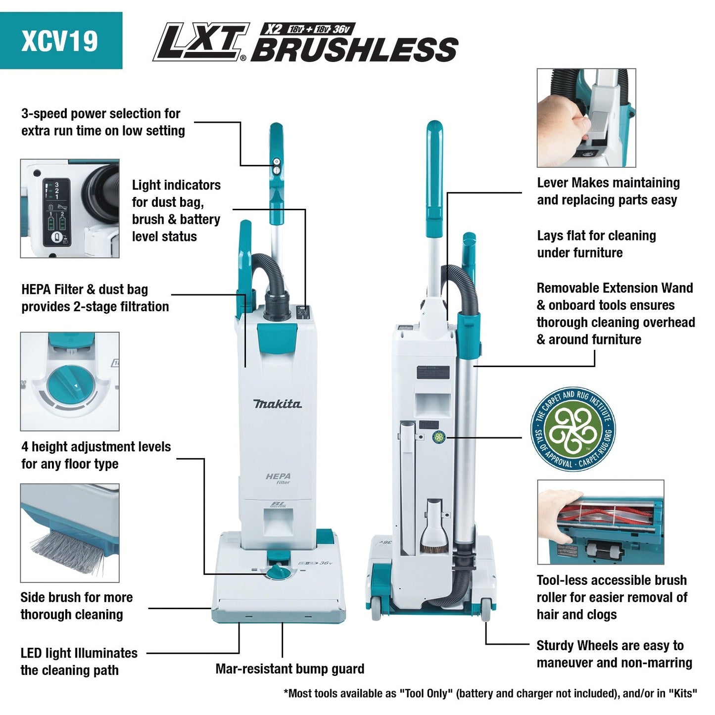 Makita XCV19PG 36V (18V X2) LXT® Brushless 1.3 Gallon HEPA Filter 12" Upright Vacuum Kit (6.0Ah)