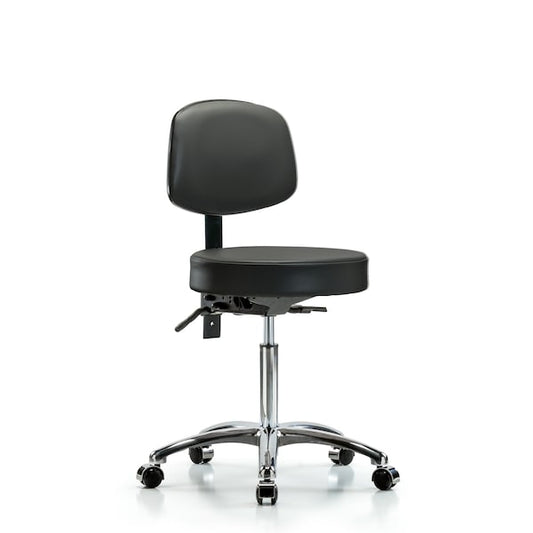 Blue Ridge Ergonomics VMBST-CR-T1-NF-CC-8823 Rutledge Vinyl Stool with Back Chrome - Medium Bench Height with Seat Tilt & Casters in Carbon Supernova™ Vinyl