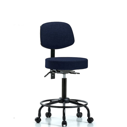 Blue Ridge Ergonomics FHBST-RG-T0-BF-RC-F45 Rutledge Fabric Stool with Back - High Bench Height with Black Foot Ring & Casters in Navy Fabric