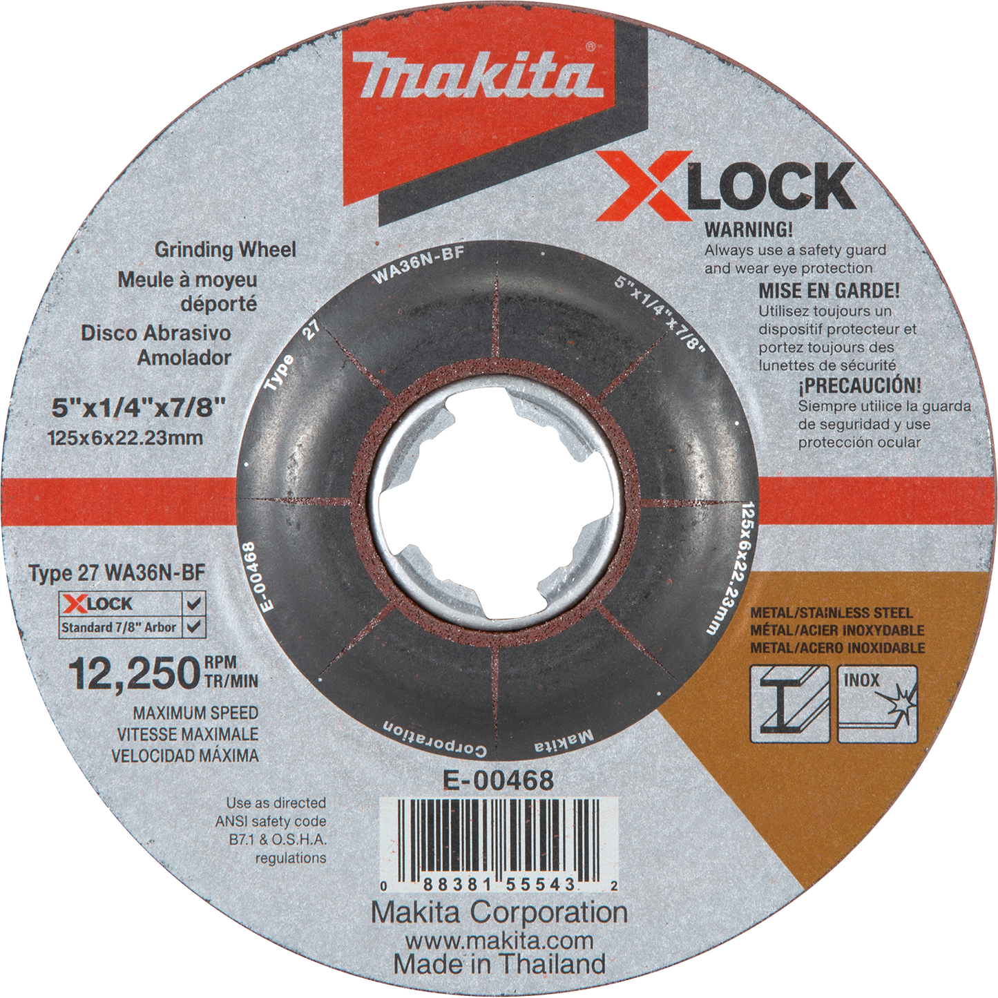 Makita E-00468 X‘LOCK 5" x 1/4" x 7/8" Type 27 General Purpose 36 Grit Abrasive Grinding Wheel for Metal & Stainless Steel Grinding