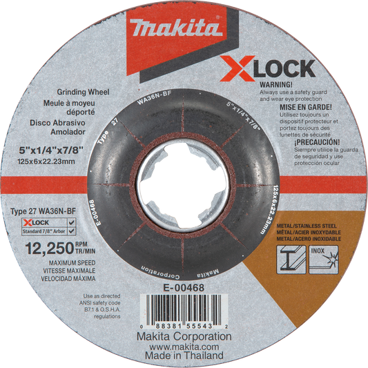 Makita E-00468 X‘LOCK 5" x 1/4" x 7/8" Type 27 General Purpose 36 Grit Abrasive Grinding Wheel for Metal & Stainless Steel Grinding