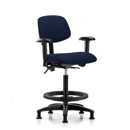 Blue Ridge Ergonomics FHBCH-RG-T1-A1-BF-RG-F45 Rutledge Fabric Chair - High Bench Height with Seat Tilt, Adjustable Arms, Black Foot Ring, & Stationary Glides in Navy Fabric