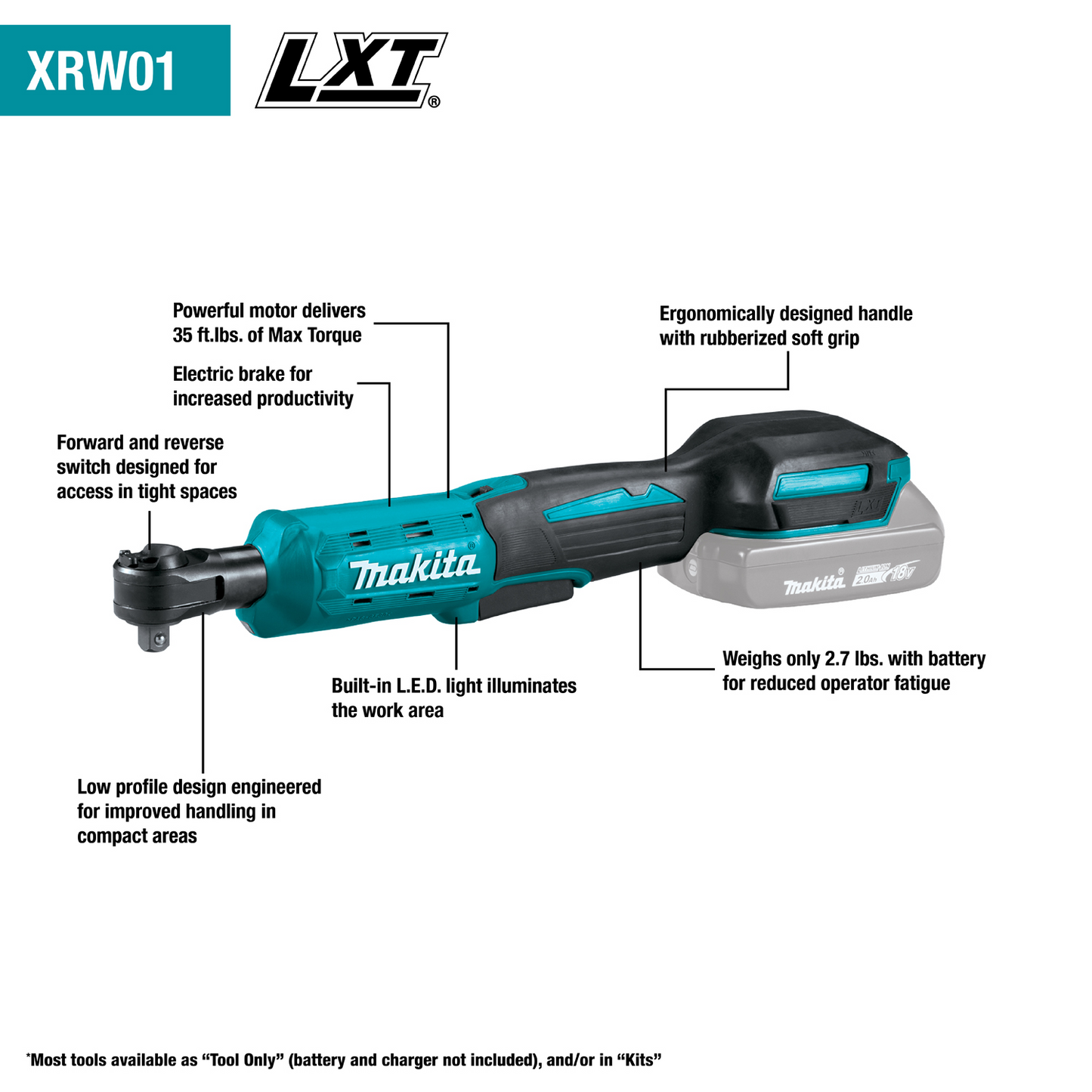 Makita XRW01Z 18V LXT® Lithium‘Ion Cordless 3/8" / 1/4" Sq. Drive Ratchet, Tool Only