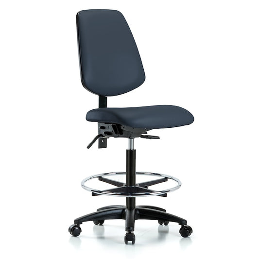 Blue Ridge Ergonomics VHBCH-RG-T1-A0-CF-RC-8582 Rutledge Vinyl Chair - High Bench Height with Seat Tilt, Chrome Foot Ring, & Casters in Imperial Blue Trailblazer™ Vinyl