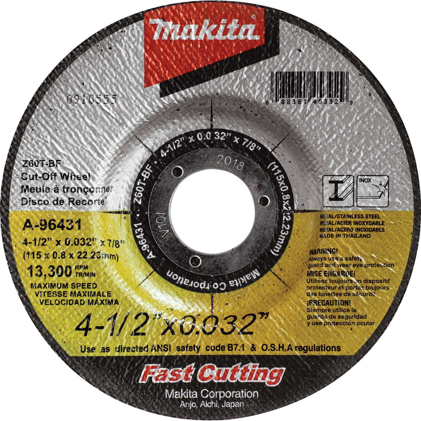 Makita A-96431 4˜1/2" x .032" x 7/8" Depressed Center Ultra Thin Cut˜Off Wheel, Stainless