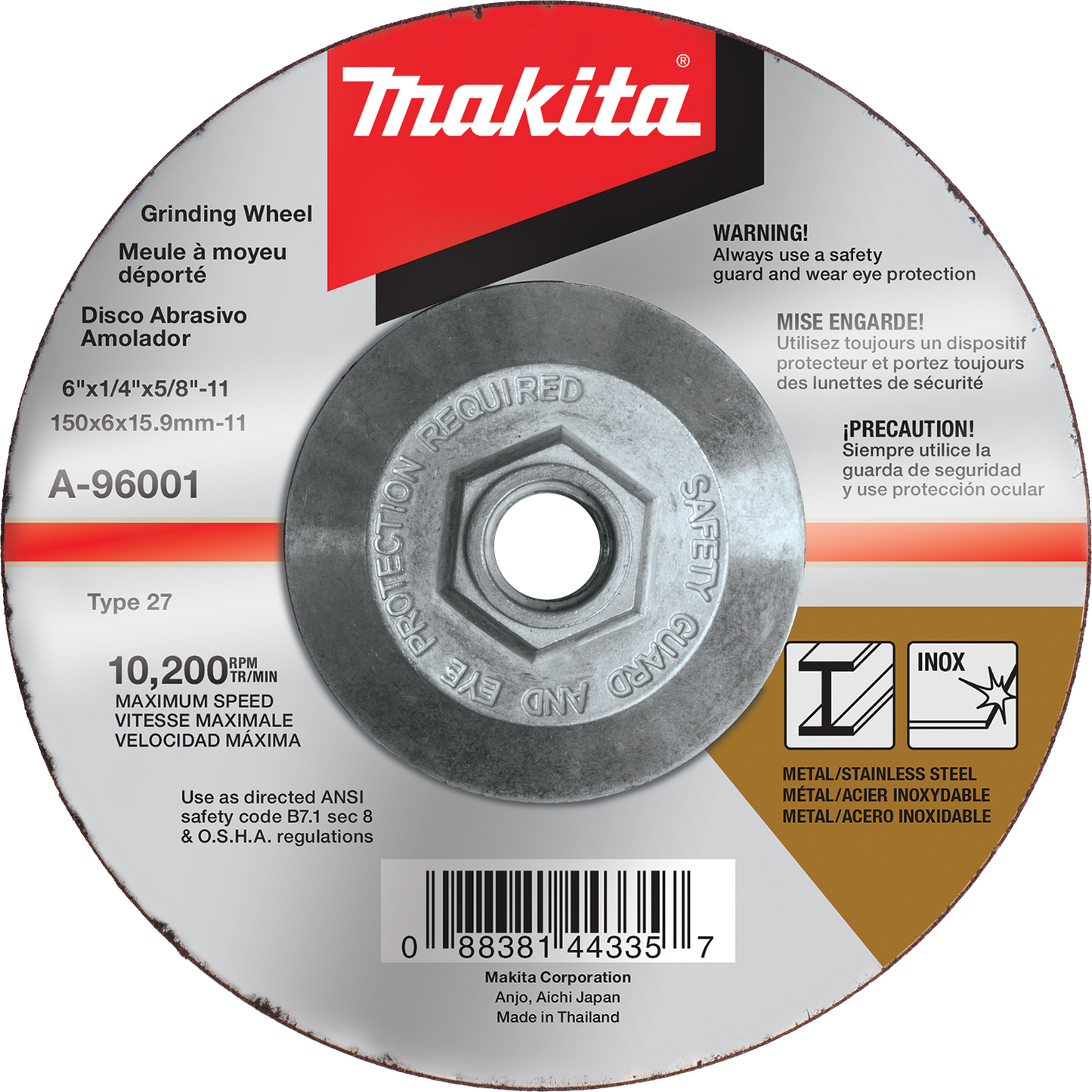 Makita A-96001 6" x 1/4" x 5/8‘11" Hubbed INOX Grinding Wheel, 36 Grit