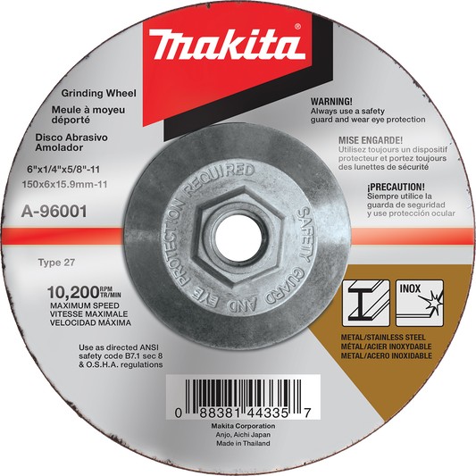 Makita A-96001 6" x 1/4" x 5/8‘11" Hubbed INOX Grinding Wheel, 36 Grit