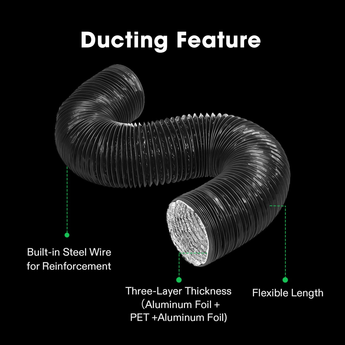 Vivosun 8 Inch 25 Feet Black Non-Insulated Flex Air Aluminum Ducting, w/Two 8 Inch Stainless Steel Clamps