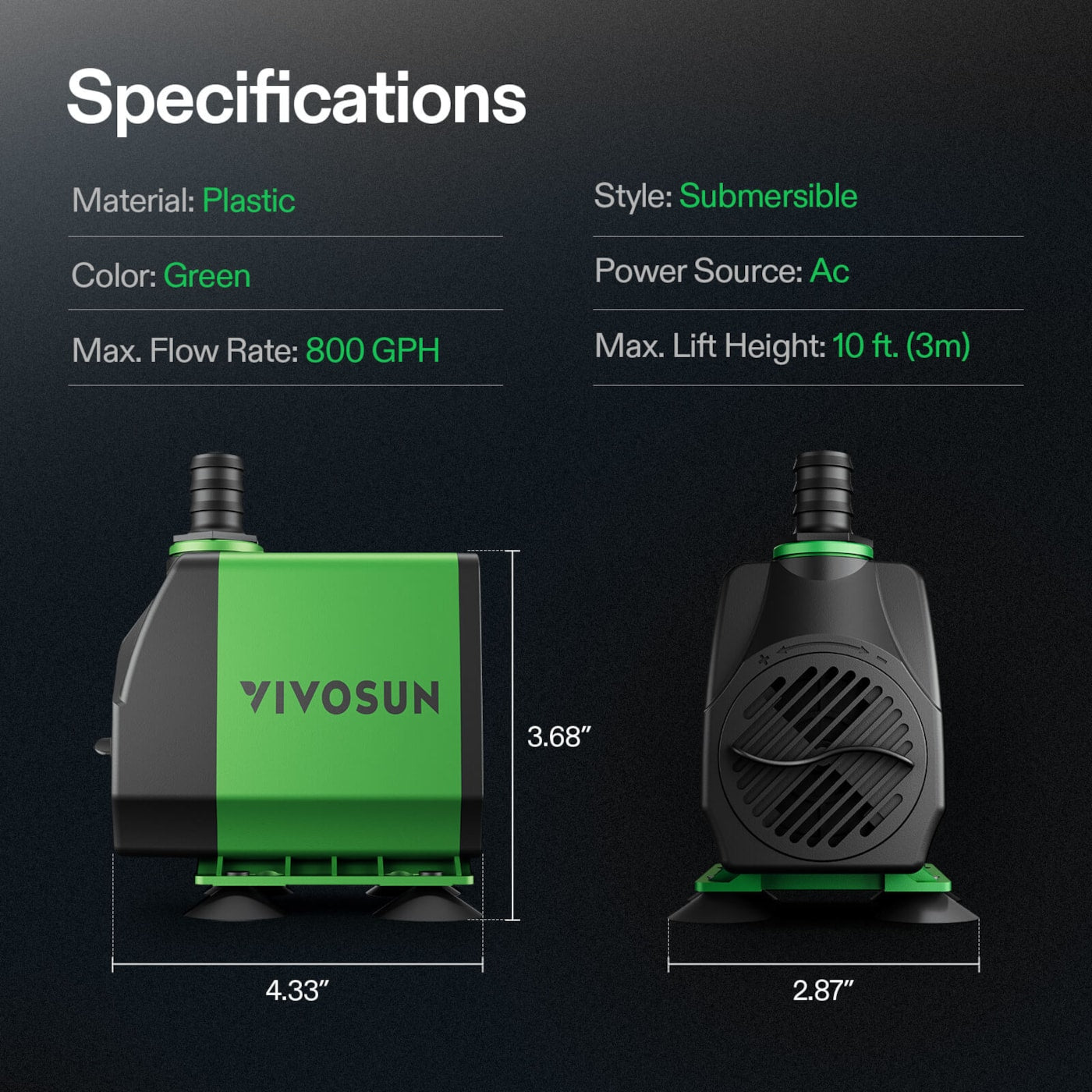 Vivosun 800GPH Submersible Pump(3000L/H, 24W)