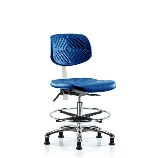 Blue Ridge Ergonomics NCR-PMBCH-CR-T1-A0-CF-RG-BLU Class 100 Polyurethane Clean Room Chair - Medium Bench Height with Seat Tilt, Chrome Foot Ring, & Stationary Glides in Blue Polyurethane