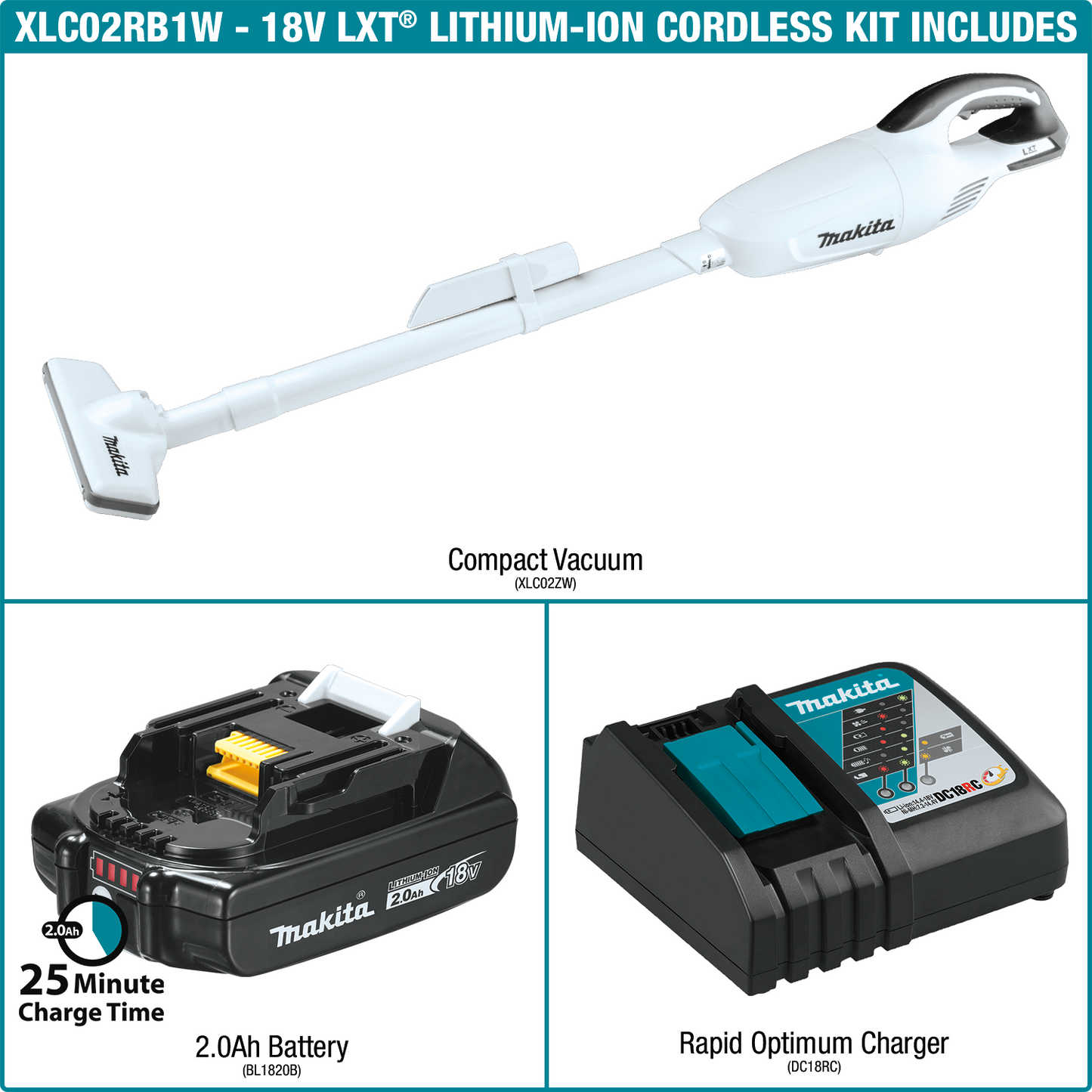 Makita XLC02RB1W 18V LXT® Lithium‘Ion Compact Cordless Vacuum Kit (2.0Ah)