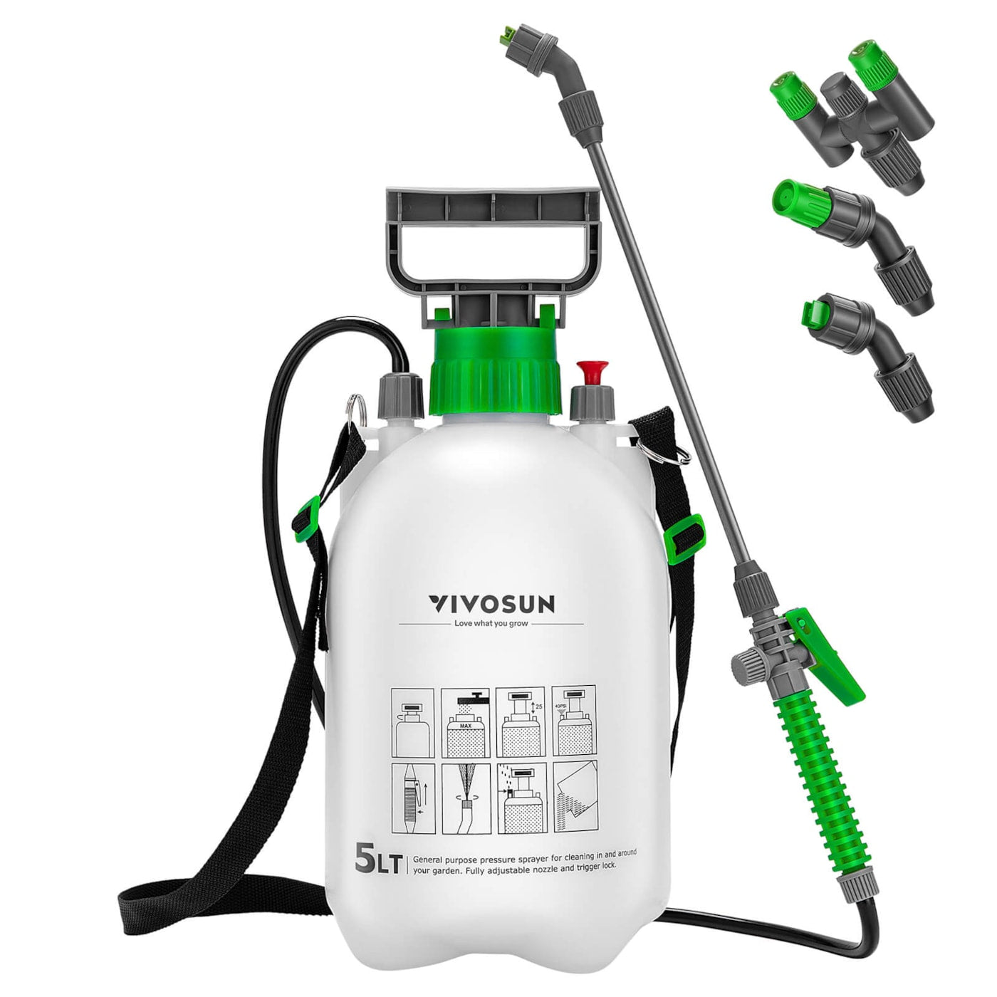 Vivosun 1.3 Gallon Pressure Sprayer 3 Water Nozzles with Adjustable Shoulder Strap