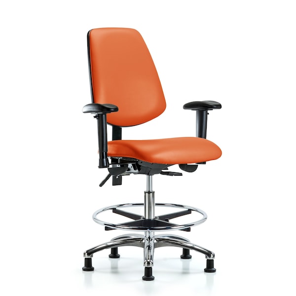 Blue Ridge Ergonomics VMBCH-MB-CR-T1-A1-CF-RG-8613 Rutledge Vinyl Chair Chrome - Medium Bench Height with Medium Back, Seat Tilt, Adjustable Arms, Chrome Foot Ring, & Stationary Glides in Orange Kist Trailblazer™ Vinyl