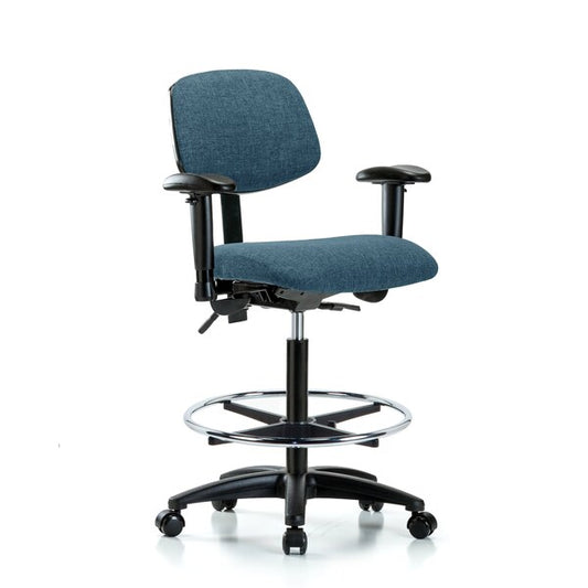 Blue Ridge Ergonomics FHBCH-MB-RG-T1-A0-CF-RG-F43 Rutledge Fabric Chair - High Bench Height with Medium Back, Seat Tilt, Chrome Foot Ring, & Stationary Glides in Blue Fabric