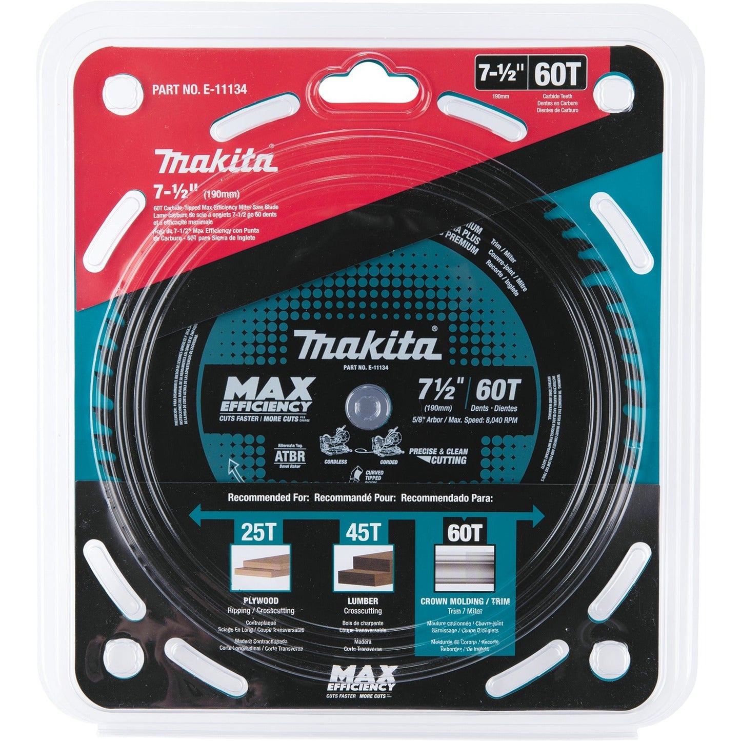 Makita E-11134 7‘1/2" 60T Carbide‘Tipped Max Efficiency Miter Saw Blade