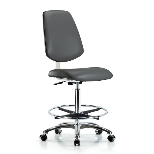 Blue Ridge Ergonomics CLR-VHBCH-MB-CR-CF-CC-8823 Class 10 Clean Room Vinyl Chair Chrome - High Bench Height with Medium Back, Chrome Foot Ring, & Casters in Carbon Supernova™ Vinyl