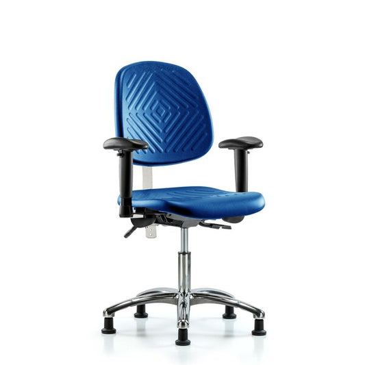 Blue Ridge Ergonomics NCR-PDHCH-MB-CR-T0-A1-RG-BLU Class 100 Polyurethane Clean Room Chair - Desk Height with Medium Back, Adjustable Arms, & Stationary Glides in Blue Polyurethane
