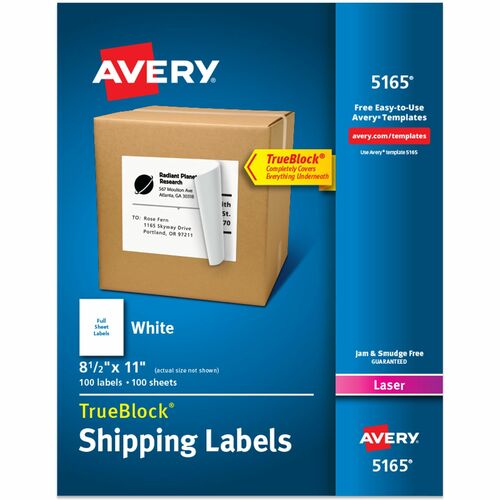 Avery® AVE5165 Easy Peel Mailing Label - Permanent Adhesive - 8.50" Width X 11" Length - Rectangle - Laser, Inkjet - White - 100 / Box