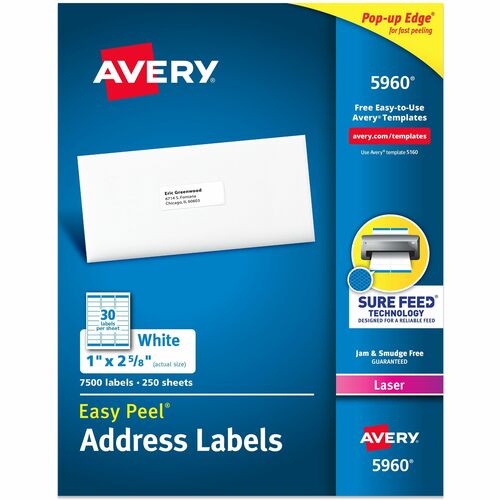 Avery® AVE5960 Easy Peel Address Label - Permanent Adhesive - 1" Width X 2.62" Length - 30 / Sheet - Rectangle - Laser - White - 7500 / Box