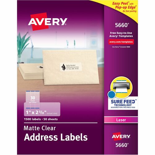 Avery® AVE5660 Easy Peel Address Label - Permanent Adhesive - 1" Width X 2.62" Length - 30 / Sheet - Rectangle - Laser - Clear - 1500 / Box