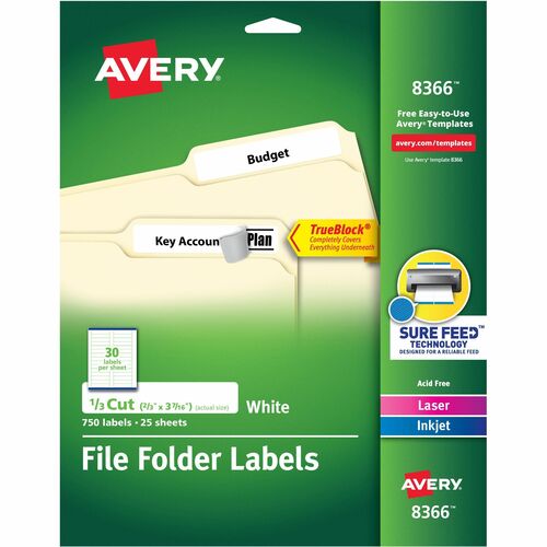 Avery® AVE8366 Filing Label - Permanent Adhesive - 0.66" Width X 3.43" Length, 0.33" Length - 30 / Sheet - Rectangle - Laser, Inkjet - White - 750 / Pack