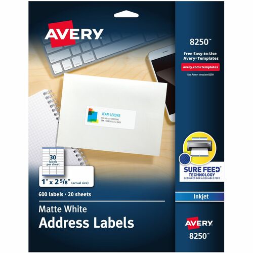 Avery® AVE8250 Color Inkjet Printing Labels - 1" Width X 2.62" Length - Inkjet - White - 600 / Pack