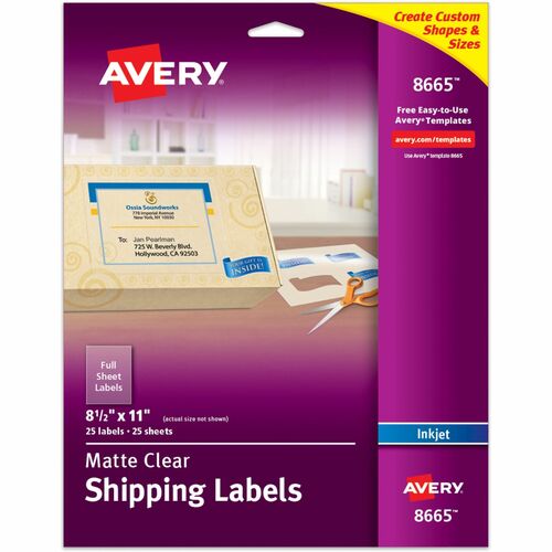 Avery® AVE8665 Easy Peel Mailing Labels - Permanent Adhesive - 8.50" Width X 11" Length - 1 / Sheet - Rectangle - Inkjet - Clear - 25 / Pack