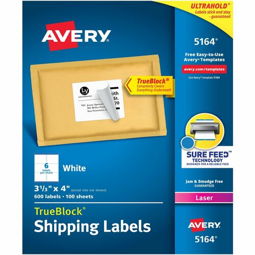 Avery® AVE5164 Easy Peel Address Label - Permanent Adhesive - 3.33" Width X 4" Length - 6 / Sheet - Rectangle - Laser, Inkjet - White - 600 / Box