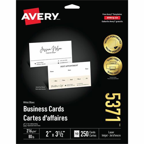 Avery® AVE5371 Business Card - A8 - 2" X 3.50" - 250 / Pack - White