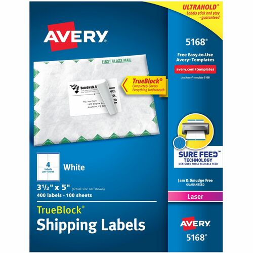 Avery® AVE5168 Easy Peel Address Label - Permanent Adhesive - 3.50" Width X 5" Length - 4 / Sheet - Rectangle - Laser, Inkjet - White - 400 / Box