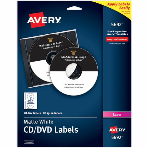 Avery® AVE5692 Cd/Dvd Label - Permanent Adhesive Length - 4 / Sheet - Circle - Laser - White - 40 / Pack