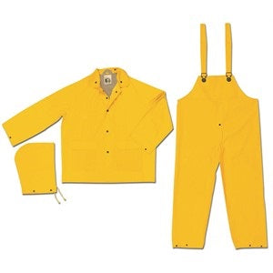 MCR Safety 1003X5 Stowaway Series Rain Gear .25mm PVC / PVC Rainwear 3 Piece Waterproof Yellow Rain Suit Rain Jacket, Detachable Hood and Bib Pants (1 EA)