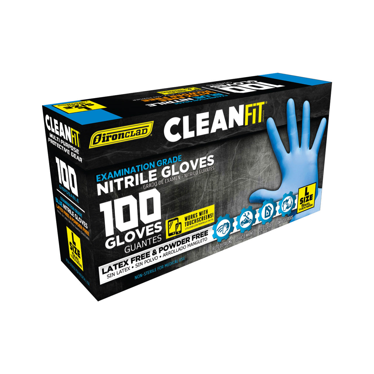 Ironclad M02003-M02005 (Blue)-5Mil-100 pk, CLEAN-FIT DISPOSABLE NITRILE GLOVES-POWDER-FREE