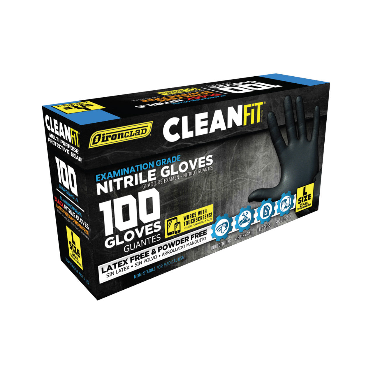 Ironclad (Black)-5Mil-100 pk, CLEAN-FIT DISPOSABLE NITRILE GLOVES-POWDER-FREE