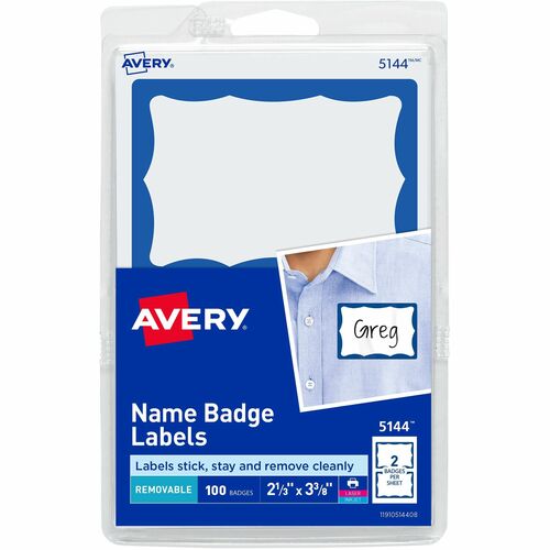 Avery® AVE5144 Self-Adhesive Name Badge Label - Removable Adhesive - 2.34" Width X 3.37" Length - 2 / Sheet - Rectangle - Laser, Inkjet - Blue - 100 / Pack