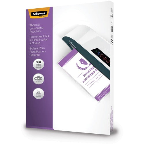 Fellowes FEL52455 Laminating Pouch - Sheet Size Supported: Legal - Laminating Pouch/Sheet Size: 9" Width X 14.50" Length X 3 Mil Thickness - Type G - Glossy - For Document - Durable - Clear - 100 / Pack