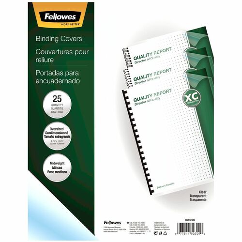 Fellowes FEL52309 Transparent Pvc Covers - Oversize, 25 Pack - 11.3" Height X 8.8" Width X 0" Depth - Clear - Plastic, Polyvinyl Chloride (Pvc) - 25 / Pack